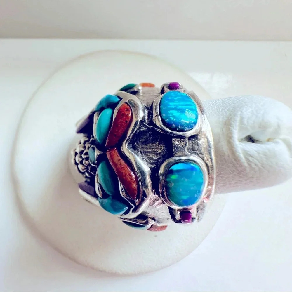 Handmade Sterling Silver & Multi Stone Inlay
Skull/Pilot/Biker/Rocker Ring - Picture 4 of 9